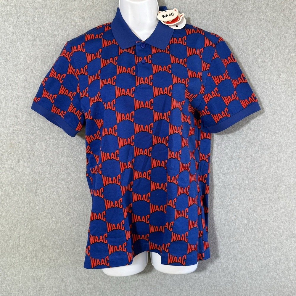 WAAC Golf Polo Shirt Blue Red All Over Logo Print Short Sleeve Size 1 NWT